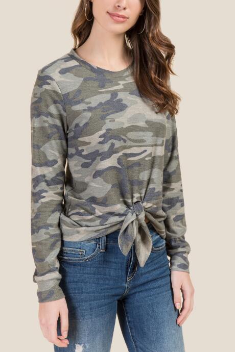 Francesca's Ginger Long Sleeve Front Knot Camo Top - Dark Olive