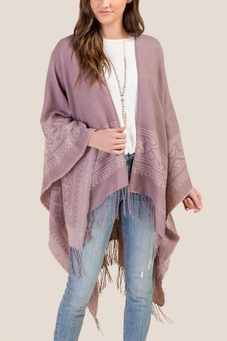 Francesca's Casey Diamond Border With Fringe Ruana - Lavender