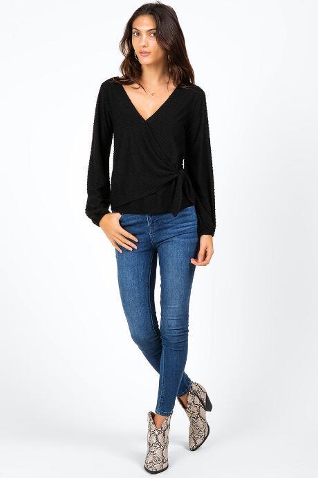 Francesca's Weonna Front Tie Clip Dot Blouse - Black