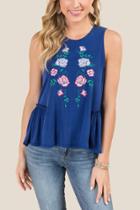 Francesca Inchess Noor Embroidered Floral Peplum Tank - Navy