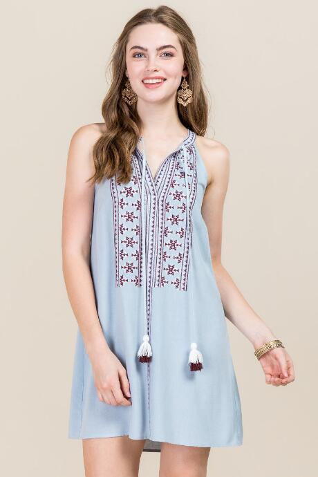 Mi Ami Vinnie Embroidered Shift Dress - Oxford Blue