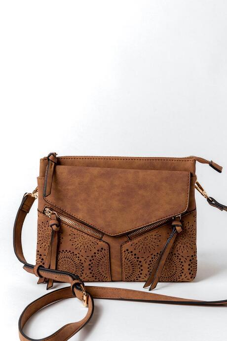 Francesca's Natalie Double Zip Crossbody - Cognac