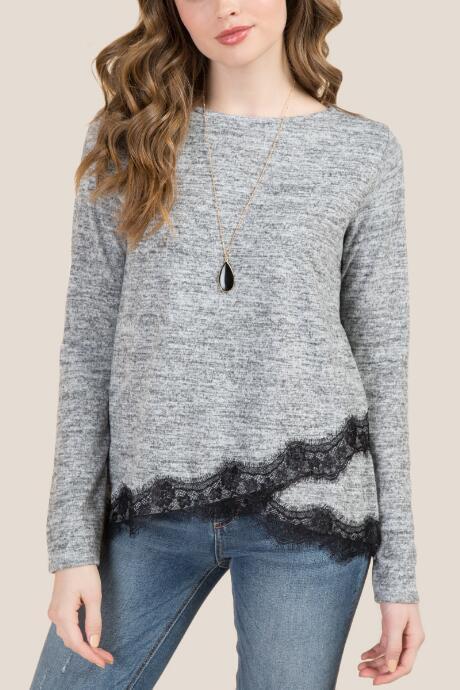 Francesca's Fleur Wrap Front Lace Hem Top - Heather Gray
