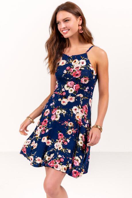 Francesca's Bryce Floral High Neck Knit Dress - Navy