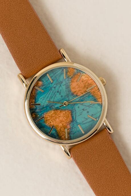 Francesca's Paulette World Map Watch - Cognac