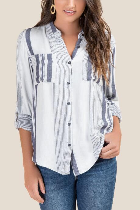 Francesca's Kaelin Striped Button Down Top - White