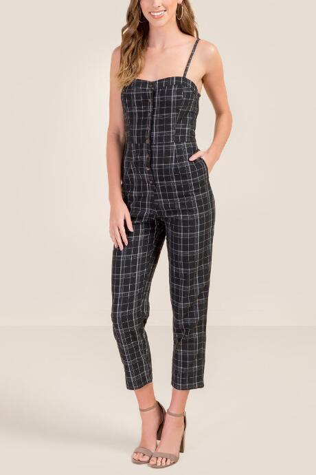 Francesca's Teagan Plaid Button Front Jumpsuit - Black