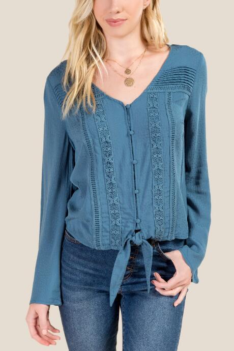 Francesca's Kimmy Crochet Front Knot Top - Dark Teal