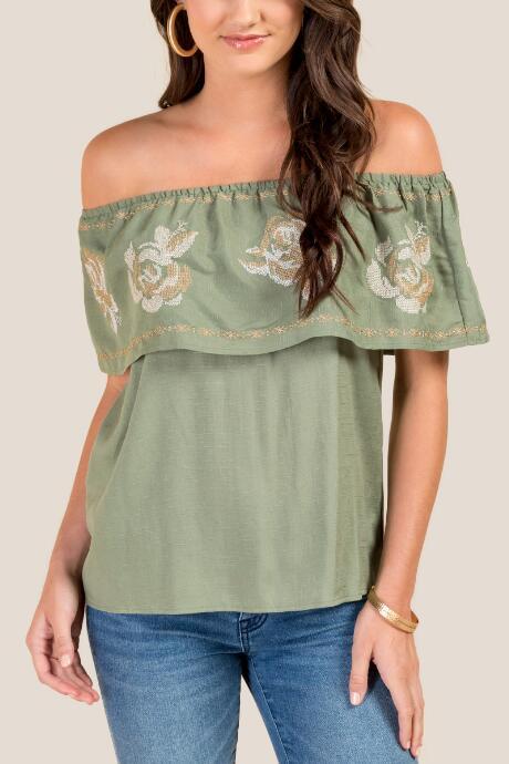Francesca's Callie Rose Embroidered Off The Shoulder Top - Dark Olive