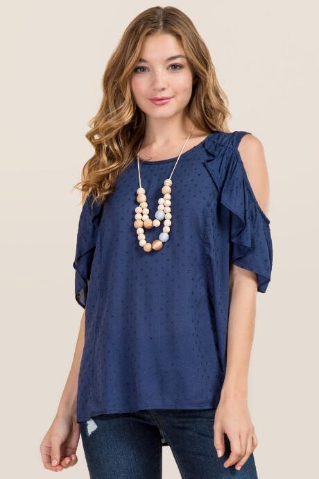 Blue Rain Anwen Clipped Dot Ruffle Cold Shoulder Top - Navy