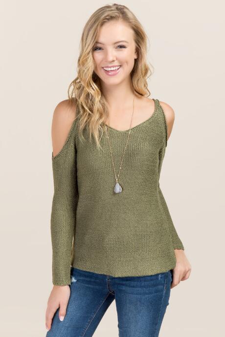 Francesca's Yadra Thin Strap Cold Shoulder Sweater - Dark Olive
