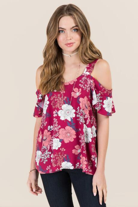 Blue Rain Neve Floral Cold Shoulder Sweetheart Top - Burgundy