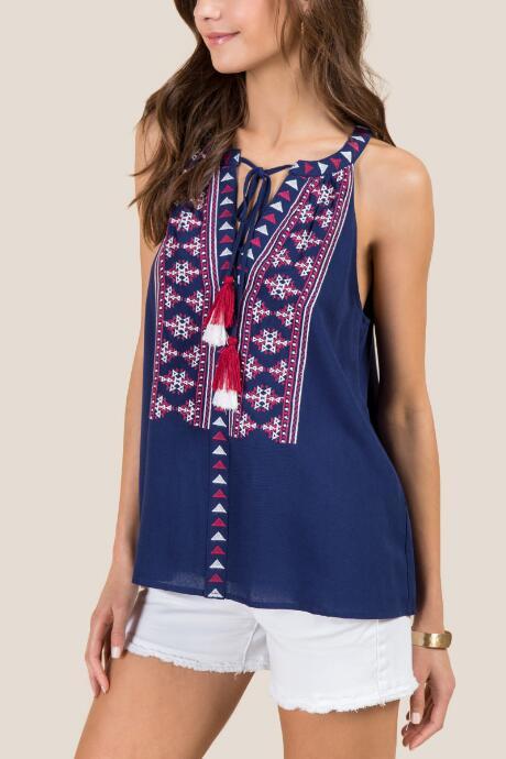 Francesca Inchess Mareike High Neck Embossed Tribal Tank - Navy