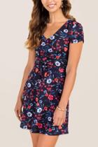 Francesca's Kinley Floral Ruche Front A-line Dress - Navy