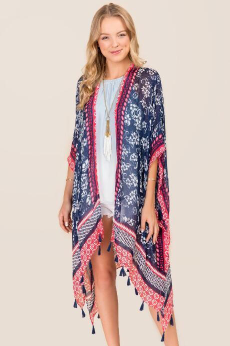 Francesca's Bri Floral And Tassel Ruana - Navy