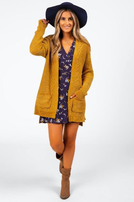 Francesca's Kristley Long Ribbed Cardigan - Mustard