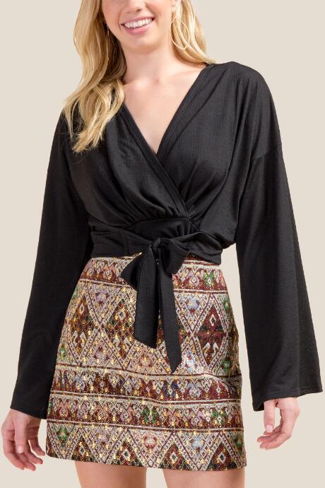 Francesca Inchess Fiona Crop Tie Front Bell Sleeve Top - Black