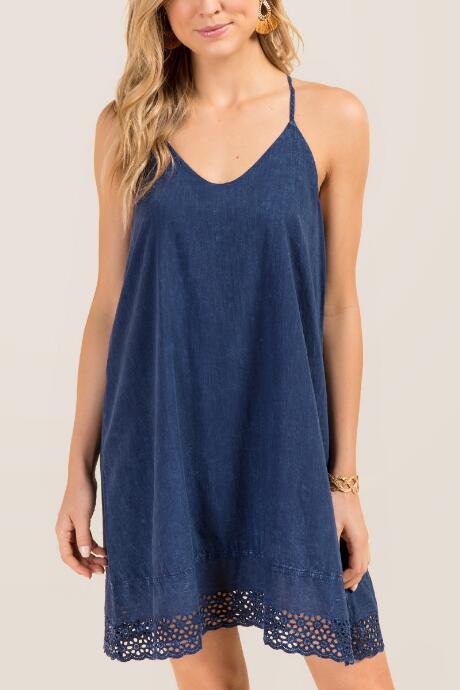 Francesca's Abby Floral Eyelet Trim Shift Dress - Navy