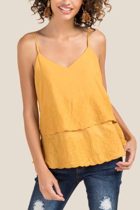 Francesca Inchess Sunni Double Layer Floral Embroidered Tank - Marigold