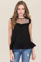 Blue Rain Kinley Embroidered Mesh Ruffle Top - Black