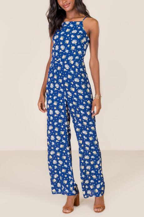 Francesca's Marguerite Ditsy Floral Jumpsuit - Navy