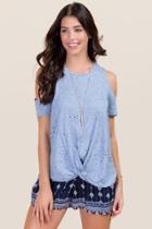 Alya Stephanie Distressed Cold Shoulder Knit Tee - Oxford Blue