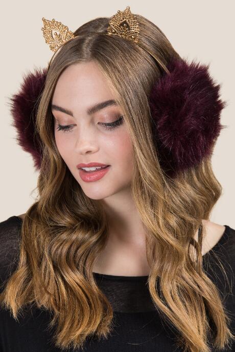 Francesca's Gold Ornate Faux Fur Cat Earmuffs - Purple