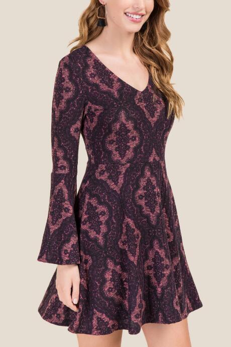 Alya Juliet Bell Sleeve Knit Dress - Burgundy