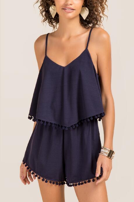 Francesca Inchess Calypso Open Back Pom Trim Romper - Navy
