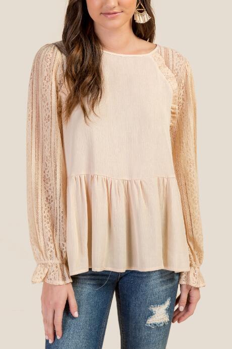 Francesca Inchess Mazie Lace Peasant Sleeve Peplum Blouse - Sand