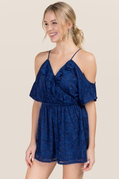 Francesca's Kiera Cold Shoulder Lace Romper - Navy