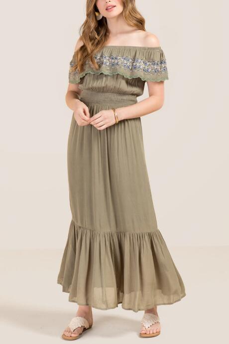 Francesca Inchess Miah Embroidered Ruffle Maxi Dress - Dark Olive