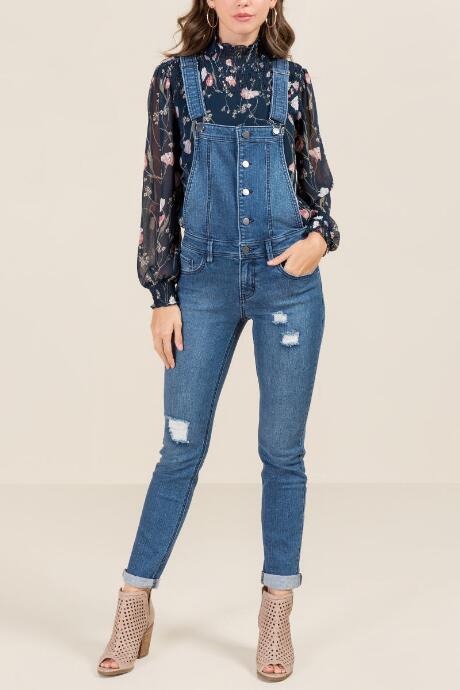 Francesca's Alana Destructed Open Back Overalls - Dark