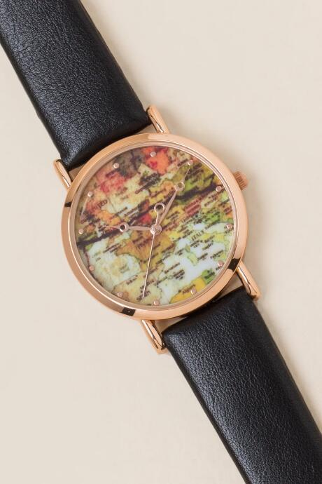 Francesca's Newlyn Colorful Map Dial Watch - Black