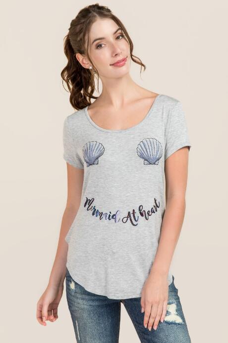 Alya Mermaid At Heart Shell Graphic Tee - Heather Gray