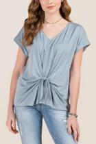 Francesca's Ellie Knot Front Cuff Sleeve Cupro Top - Teal