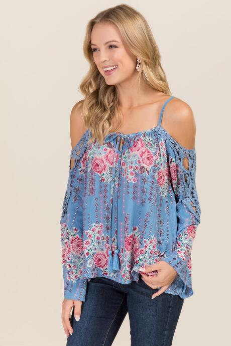 Blue Rain Samara Cold Shoulder Floral Crochet Sleeve Top - Oxford Blue