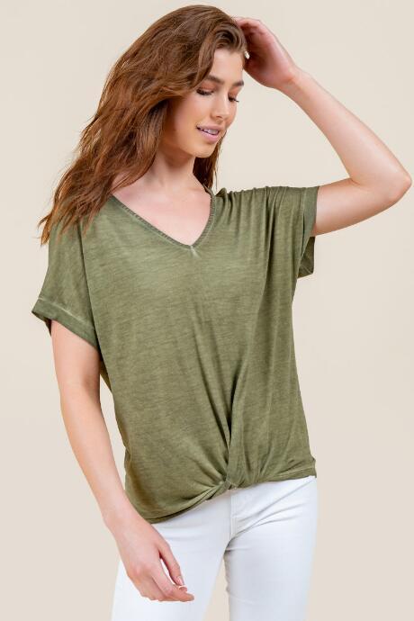 Francesca's Kendall Knot Front Oil Wash Top - Olive