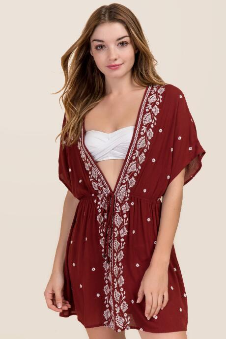 Francesca's Gretchen Embroidered Dress Cover-up - Burgundy