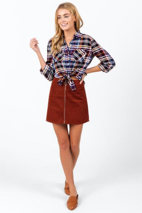 Francesca's Daiya Plaid Button Down Top - Navy