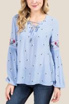 Francesca's Anise Lattice Poet Sleeve Top - Oxford Blue