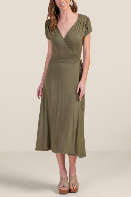 Francesca's Angela Wrap Front Midi Dress - Deep Moss