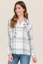 Francesca Inchess Misty Floral Embroidered Plaid Button Down - White