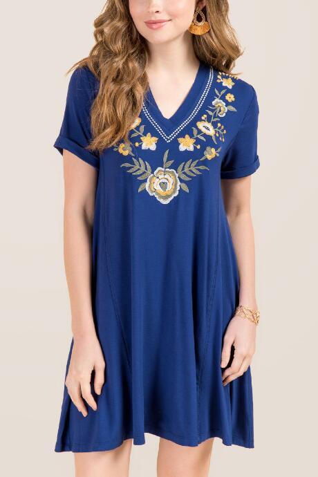Francesca Inchess Demi Embroidered V-neck Knit Dress - Navy
