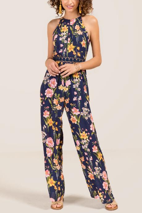 Francesca Inchess Corby Crochet Floral Jumpsuit - Navy