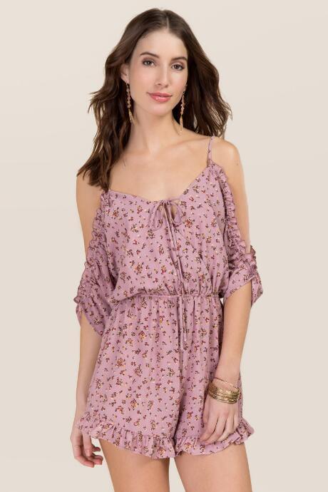 Blue Rain Emilee Floral Ruffle Romper - Dark Mauve