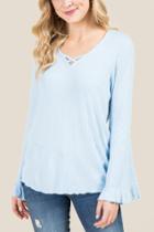 Francesca's Elliott Lettuce Edge Bell Sleeve Top - Light Blue
