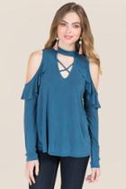 Francesca's Phedora Gigi Ruffle Cold Shoulder Top - Peacock
