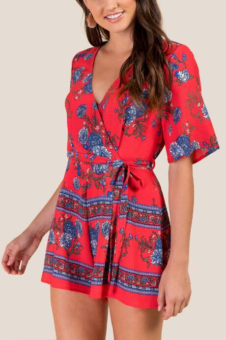 Francesca's Sasha Floral Romper - Red