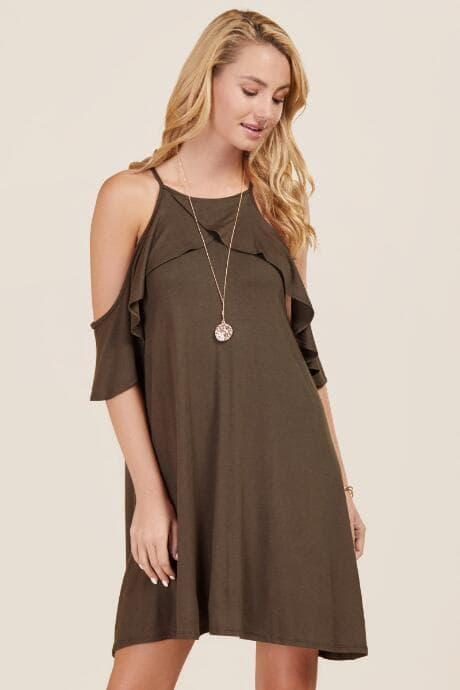 Alya Keira Ruffle Cold Shoulder Dress - Dark Olive